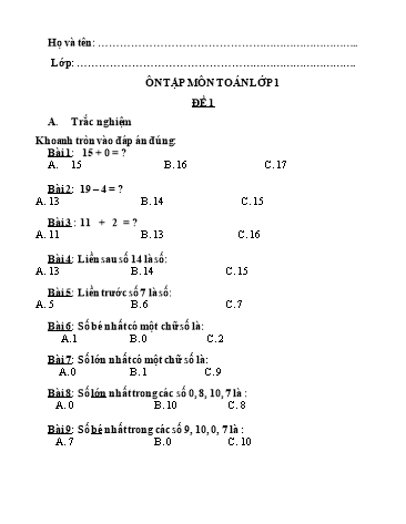 Bộ 2 đề ôn tập môn Toán Lớp 1