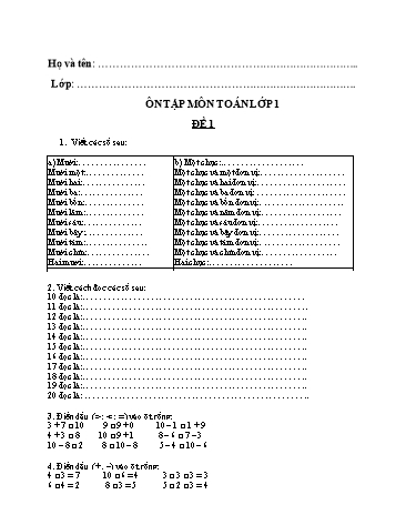 Bộ 3 đề ôn tập lần 2 môn Toán Lớp 1