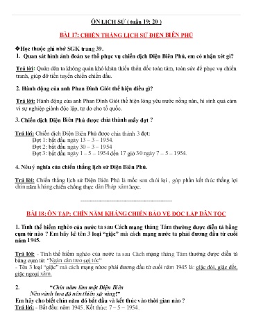 Đề ôn tập môn Lịch sử và Địa lí Lớp 5 - Tuần 19, 20 - Bài 17: Chiến thắng lịch sử Điện Biên Phủ