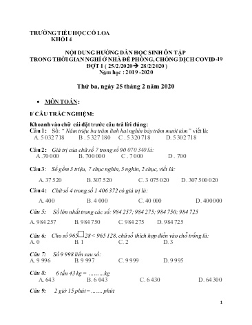 Hưỡng dẫn học sinh ôn tập đợt 1 môn Toán, Tiếng Việt Lớp 4 - Trường Tiểu học Cổ Loa