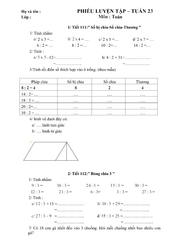 Phiếu luyện tập môn Toán Lớp 2 - Tuần 23