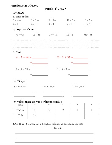 Phiếu ôn tập Toán, Tiếng Việt Lớp 2 - Trường Tiểu học Cổ Loa