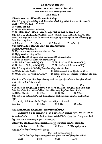 Bài kiểm tra 1 tiết môn Tin học 8 - Năm học 2017-2018 - Trường THCS&THPT Võ Nguyên Giáp (Có đáp án)