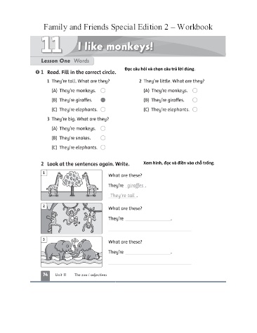 Bài tập môn Tiếng Anh Lớp 2 - Unit 11: I like monkeys! - Lesson 1, 2, 3