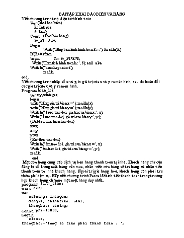 Bài tập Tin học Lớp 8 - Bài: Khai báo biến và hằng