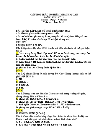 Câu hỏi trắc nghiệm khách quan môn Lịch sử 11 - Bài 18: Ôn tập lịch sử thế giới hiện đại - Trường THCS&THPT Nguyễn Viết Xuân (Có đáp án)