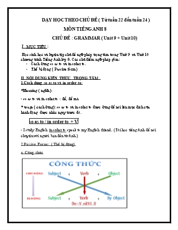 Dạy học theo chủ đề môn Tiếng Anh 8 - Từ tuần 22 đến tuần 24 - Chủ đề: Grammar (unit 9 + unit 10)