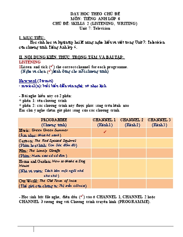 Dạy học theo chủ đề môn Tiếng Anh Lớp 6 - Chủ đề: Skills 2 (listening, writing) - Unit 7: Television