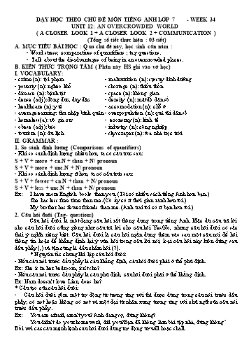 Dạy học theo chủ đề môn Tiếng Anh Lớp 7 - Week 34, Unit 12: An overcrowded world