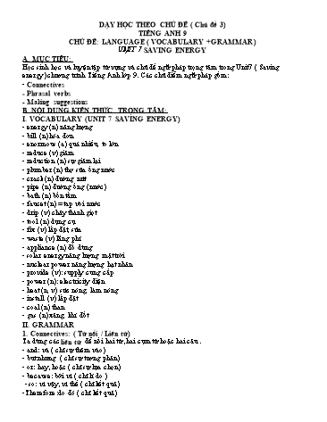 Dạy học theo chủ đề Tiếng Anh 9 - Chủ đề 3: Language (vocabulary + grammar) - Unit 7: Saving energy Dạy học theo chủ đề Tiếng Anh 9 - Chủ đề 3: Language (vocabulary + grammar) - Unit 7: Saving energy