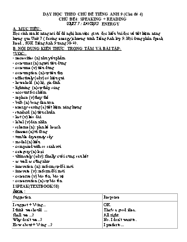 Dạy học theo chủ đề Tiếng Anh 9 - Chủ đề 4: Speaking + reading - Unit 7: Saving energy Dạy học theo chủ đề Tiếng Anh 9 - Chủ đề 4: Speaking + reading - Unit 7: Saving energy