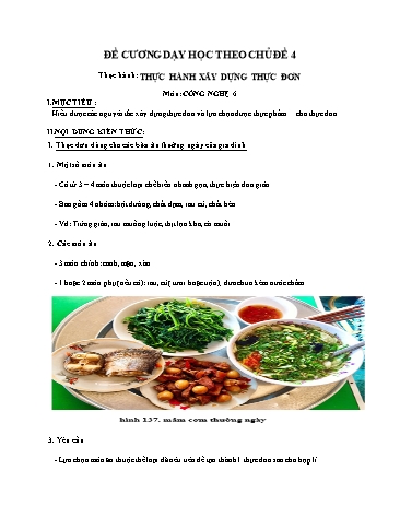 Đề cương dạy học theo chủ đề môn Công nghệ 6 - Chủ đề 4: Thực hành: Thực hành xây dựng thực đơn