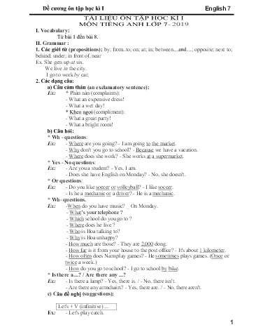 Đề cương kiểm tra học kì 1 môn Tiếng Anh Lớp 7 - Năm học 2019-2020