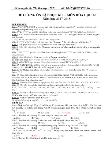 Đề cương kiểm tra học kì I môn Hóa học Lớp 12 - Năm học 2017-2018 - Trần Quốc Phong