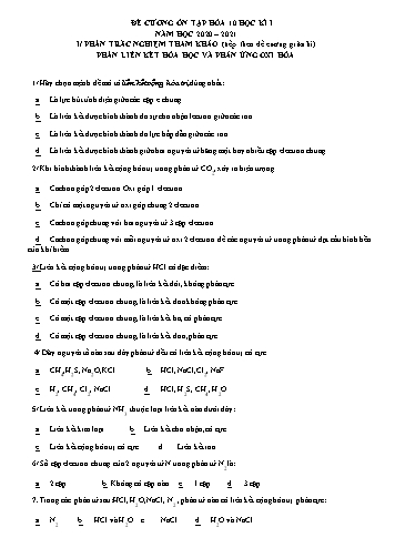Đề cương ôn tập học kì I môn Hóa học Lớp 10 - Năm học 2020-2021 - Trường THPT Phan Bội Châu