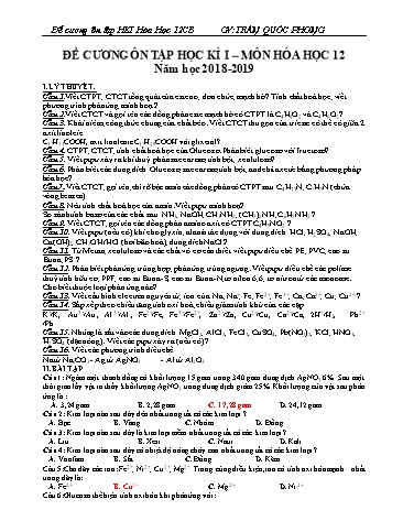 Đề cương ôn tập học kì I môn Hóa học Lớp 12 - Năm học 2018-2019 - Trần Quốc Phong