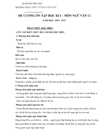 Đề cương ôn tập học kì I môn Ngữ văn 12 - Năm học 2019-2020 - Trường THCS-THPT Võ Nguyên Giáp