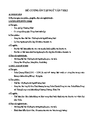 Đề cương ôn tập học kì I môn Ngữ văn 7 - Năm học 2018-2019