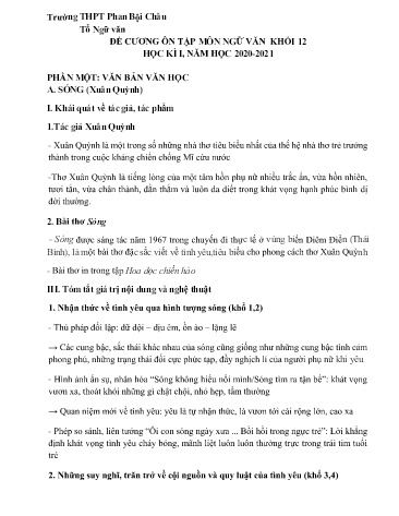 Đề cương ôn tập học kì I môn Ngữ văn Khối 12 - Năm học 2020-2021 - Trường THPT Phan Bội Châu