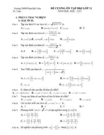 Đề cương ôn tập học kì I môn Toán Lớp 11 - Năm học 2020-2021 - Trường THPT Phan Bội Châu