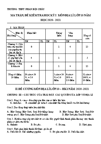 Đề cương ôn tập học kỳ I môn Địa lí Lớp 10 - Năm học 2020-2021 - Trường THPT Phan Bội Châu