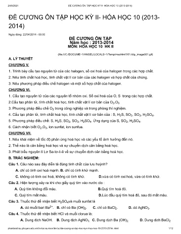 Đề cương ôn tập học kỳ II môn Hóa học Lớp 10 - Năm học 2013-2014 - Trường THPT Phan Bội Châu