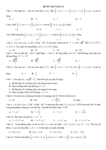 Đề cương ôn tập kiểm tra môn Toán 12 - Trường THCS&THPT Võ Nguyên Giáp