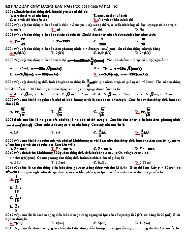 Đề khảo sát chất lượng đầu năm môn Vật lí Lớp 12 (Cơ bản) - Năm học 2019-2020 (Có đáp án)
