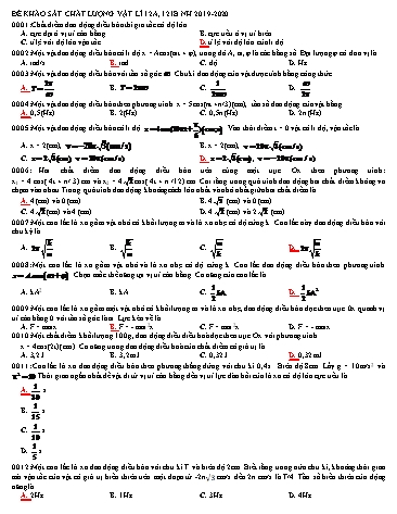 Đề khảo sát chất lượng đầu năm môn Vật lí Lớp 12 (Nâng cao) - Năm học 2019-2020 (Có đáp án)