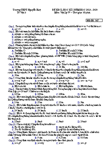 Đề khảo sát chất lượng học kì I môn Vật lý Lớp 10 - Năm học 2019-2020 (Có đáp án)
