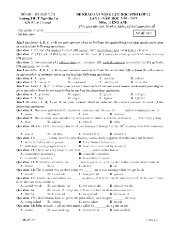 Đề khảo sát năng lực học sinh lần 2 môn Tiếng Anh Lớp 12 - Năm học 2018-2019 - Trường THPT Ngô Gia Tự - Mã đề 567 (Có đáp án)