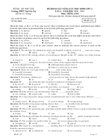 Đề khảo sát năng lực học sinh lần 2 môn Tiếng Anh Lớp 12 - Năm học 2018-2019 - Trường THPT Ngô Gia Tự - Mã đề 123 (Có đáp án)