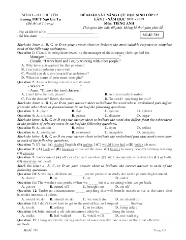Đề khảo sát năng lực học sinh lần 2 môn Tiếng Anh Lớp 12 - Năm học 2018-2019 - Trường THPT Ngô Gia Tự - Mã đề 789 (Có đáp án)