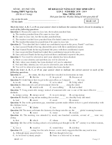 Đề khảo sát năng lực học sinh lần 2 môn Tiếng Anh Lớp 12 - Năm học 2018-2019 - Trường THPT Ngô Gia Tự - Mã đề 345 (Có đáp án)