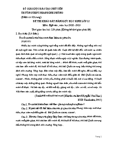 Đề khảo sát năng lực học sinh lớp 12 môn Ngữ văn - Năm học 2018-2019 - Trường THPT Phan Đình Phùng (Có đáp án)