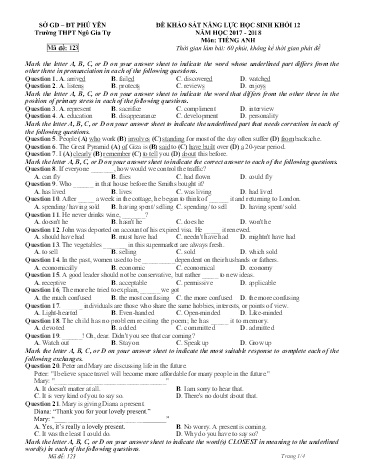Đề khảo sát năng lực học sinh môn Tiếng Anh Khối 12 - Năm học 2017-2018 - Trường THPT Ngô Gia Tự - Mã đề 123 (Có đáp án)