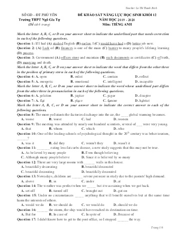 Đề khảo sát năng lực học sinh môn Tiếng Anh Khối 12 - Năm học 2019-2020 - Trường THPT Ngô Gia Tự (Có đáp án)