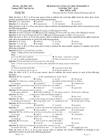 Đề khảo sát năng lực học sinh môn Tiếng Anh Khối 12 - Năm học 2017-2018 - Trường THPT Ngô Gia Tự - Mã đề 789 (Có đáp án)
