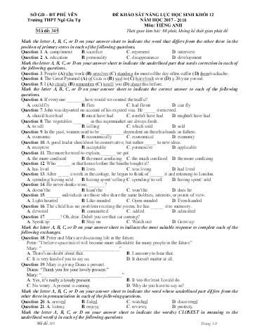Đề khảo sát năng lực học sinh môn Tiếng Anh Khối 12 - Năm học 2017-2018 - Trường THPT Ngô Gia Tự - Mã đề 345 (Có đáp án)