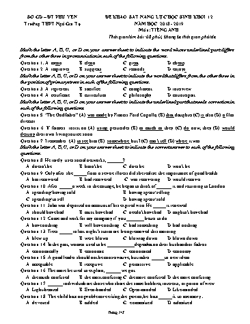 Đề khảo sát năng lực học sinh môn Tiếng Anh Khối 12 - Năm học 2018-2019 - Trường THPT Ngô Gia Tự (Có đáp án)