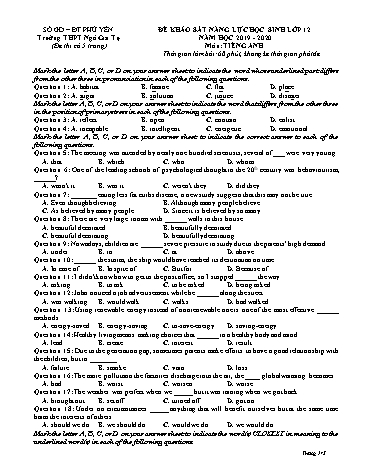 Đề khảo sát năng lực học sinh môn Tiếng Anh Lớp 12 - Năm học 2019-2020 - Trường THPT Ngô Gia Tự (Có đáp án)