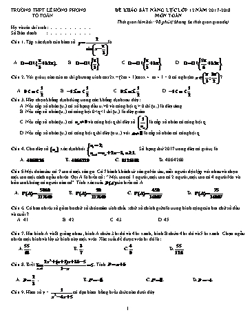 Đề khảo sát năng lực lớp 12 môn Toán - Năm học 2017-2018 - Trường THPT Lê Hồng Phong (Có đáp án)