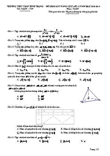 Đề khảo sát năng lực lớp 12 môn Toán - Năm học 2018-2019 - Trường THPT Trần Bình Trọng (Có đáp án)