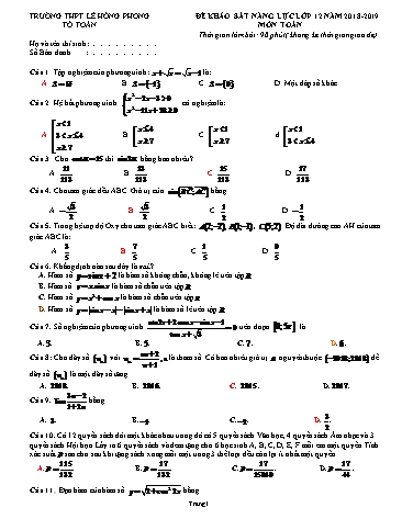 Đề khảo sát năng lực lớp 12 môn Toán - Năm học 2018-2019 - Trường THPT Lê Hồng Phong (Có đáp án)