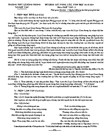 Đề khảo sát năng lực môn Ngữ văn 12 - Năm học 2018-2019 - Trường THPT Lê Hồng Phong (Có đáp án)