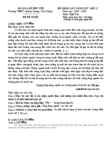 Đề khảo sát năng lực môn Ngữ văn Lớp 12 - Năm học 2019-2020 - Trường THPT chuyên Lương Văn Chánh (Có đáp án)