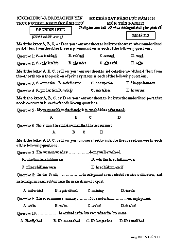 Đề khảo sát năng lực năm 2020 môn Tiếng Anh 12 - Trường THPT Nguyễn Công Trứ (Có đáp án)