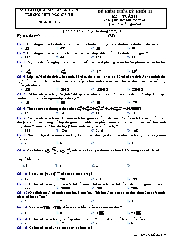 Đề kiểm giữa kỳ II lần 2 môn Toán 11 - Trường THPT Ngô Gia Tự - Mã đề 132 (Có đáp án)