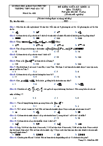 Đề kiểm giữa kỳ II lần 2 môn Toán 11 - Trường THPT Ngô Gia Tự - Mã đề 485 (Có đáp án)