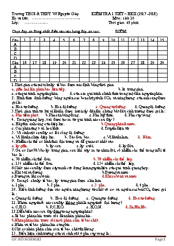 Đề kiểm tra 1 tiết học kì II môn Sinh học Lớp 10 - Năm học 2017-2018 - Hồ Hoàng Kì (Có đáp án)